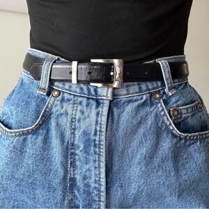 Minimalist 90s Black Leather Belt Silver Buckle Preppy Classic